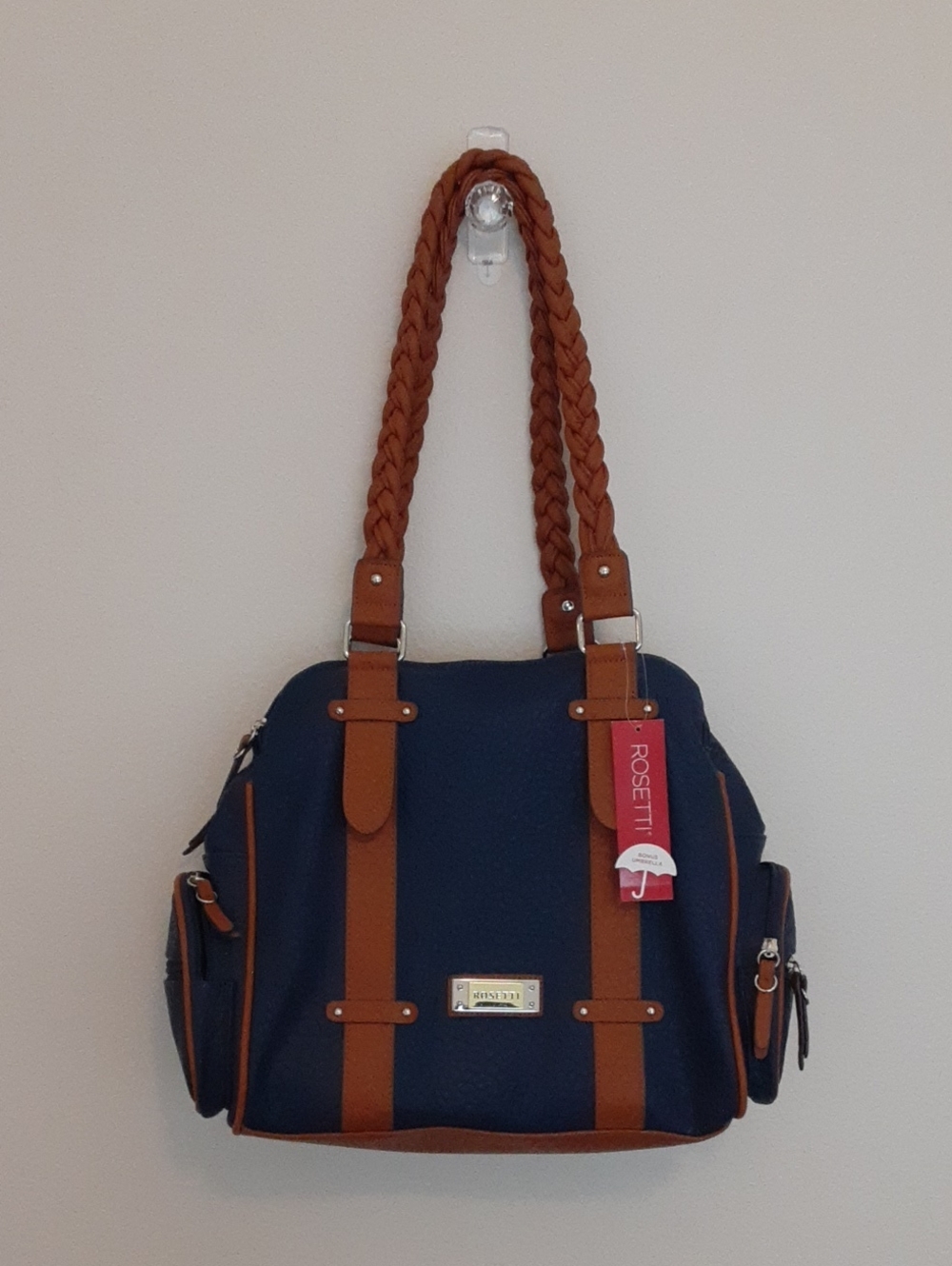 Rosetti Olivia Navy and Brown Braided-Handle Tote